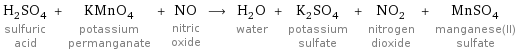 H_2SO_4 sulfuric acid + KMnO_4 potassium permanganate + NO nitric oxide ⟶ H_2O water + K_2SO_4 potassium sulfate + NO_2 nitrogen dioxide + MnSO_4 manganese(II) sulfate