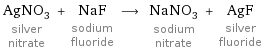 AgNO_3 silver nitrate + NaF sodium fluoride ⟶ NaNO_3 sodium nitrate + AgF silver fluoride