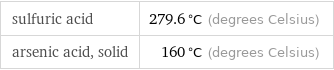 sulfuric acid | 279.6 °C (degrees Celsius) arsenic acid, solid | 160 °C (degrees Celsius)