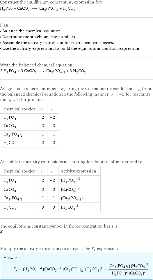 Construct the equilibrium constant, K, expression for: H_3PO_4 + CaCO_3 ⟶ Ca_3(PO_4)_2 + H_2CO_3 Plan: • Balance the chemical equation. • Determine the stoichiometric numbers. • Assemble the activity expression for each chemical species. • Use the activity expressions to build the equilibrium constant expression. Write the balanced chemical equation: 2 H_3PO_4 + 3 CaCO_3 ⟶ Ca_3(PO_4)_2 + 3 H_2CO_3 Assign stoichiometric numbers, ν_i, using the stoichiometric coefficients, c_i, from the balanced chemical equation in the following manner: ν_i = -c_i for reactants and ν_i = c_i for products: chemical species | c_i | ν_i H_3PO_4 | 2 | -2 CaCO_3 | 3 | -3 Ca_3(PO_4)_2 | 1 | 1 H_2CO_3 | 3 | 3 Assemble the activity expressions accounting for the state of matter and ν_i: chemical species | c_i | ν_i | activity expression H_3PO_4 | 2 | -2 | ([H3PO4])^(-2) CaCO_3 | 3 | -3 | ([CaCO3])^(-3) Ca_3(PO_4)_2 | 1 | 1 | [Ca3(PO4)2] H_2CO_3 | 3 | 3 | ([H2CO3])^3 The equilibrium constant symbol in the concentration basis is: K_c Mulitply the activity expressions to arrive at the K_c expression: Answer: |   | K_c = ([H3PO4])^(-2) ([CaCO3])^(-3) [Ca3(PO4)2] ([H2CO3])^3 = ([Ca3(PO4)2] ([H2CO3])^3)/(([H3PO4])^2 ([CaCO3])^3)