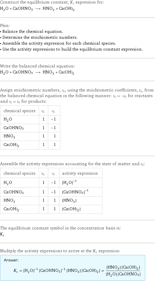 Construct the equilibrium constant, K, expression for: H_2O + CaOHNO3 ⟶ HNO_3 + Ca(OH)_2 Plan: • Balance the chemical equation. • Determine the stoichiometric numbers. • Assemble the activity expression for each chemical species. • Use the activity expressions to build the equilibrium constant expression. Write the balanced chemical equation: H_2O + CaOHNO3 ⟶ HNO_3 + Ca(OH)_2 Assign stoichiometric numbers, ν_i, using the stoichiometric coefficients, c_i, from the balanced chemical equation in the following manner: ν_i = -c_i for reactants and ν_i = c_i for products: chemical species | c_i | ν_i H_2O | 1 | -1 CaOHNO3 | 1 | -1 HNO_3 | 1 | 1 Ca(OH)_2 | 1 | 1 Assemble the activity expressions accounting for the state of matter and ν_i: chemical species | c_i | ν_i | activity expression H_2O | 1 | -1 | ([H2O])^(-1) CaOHNO3 | 1 | -1 | ([CaOHNO3])^(-1) HNO_3 | 1 | 1 | [HNO3] Ca(OH)_2 | 1 | 1 | [Ca(OH)2] The equilibrium constant symbol in the concentration basis is: K_c Mulitply the activity expressions to arrive at the K_c expression: Answer: |   | K_c = ([H2O])^(-1) ([CaOHNO3])^(-1) [HNO3] [Ca(OH)2] = ([HNO3] [Ca(OH)2])/([H2O] [CaOHNO3])