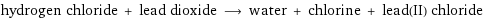 hydrogen chloride + lead dioxide ⟶ water + chlorine + lead(II) chloride