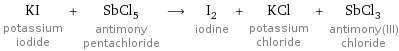 KI potassium iodide + SbCl_5 antimony pentachloride ⟶ I_2 iodine + KCl potassium chloride + SbCl_3 antimony(III) chloride