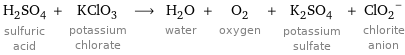 H_2SO_4 sulfuric acid + KClO_3 potassium chlorate ⟶ H_2O water + O_2 oxygen + K_2SO_4 potassium sulfate + (ClO_2)^- chlorite anion