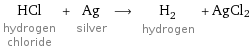 HCl hydrogen chloride + Ag silver ⟶ H_2 hydrogen + AgCl2