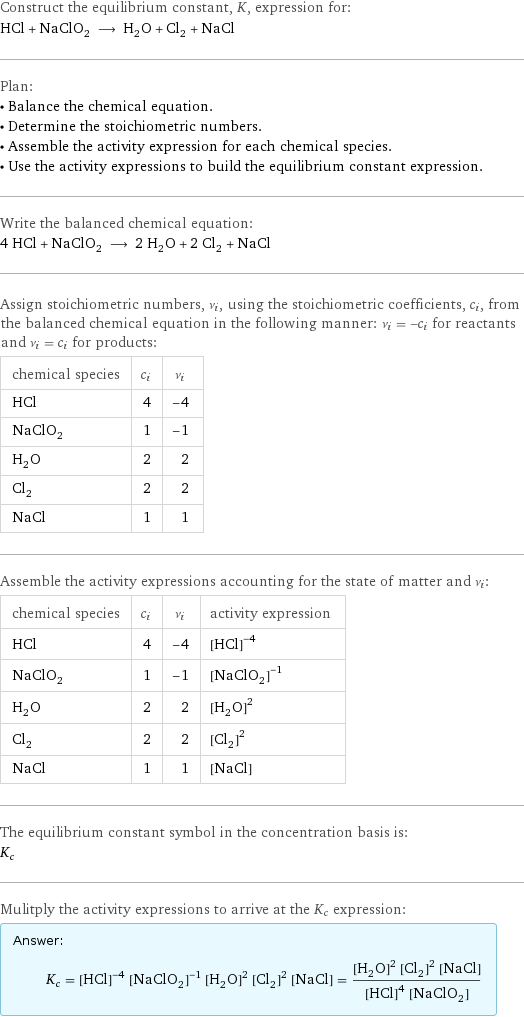 Construct the equilibrium constant, K, expression for: HCl + NaClO_2 ⟶ H_2O + Cl_2 + NaCl Plan: • Balance the chemical equation. • Determine the stoichiometric numbers. • Assemble the activity expression for each chemical species. • Use the activity expressions to build the equilibrium constant expression. Write the balanced chemical equation: 4 HCl + NaClO_2 ⟶ 2 H_2O + 2 Cl_2 + NaCl Assign stoichiometric numbers, ν_i, using the stoichiometric coefficients, c_i, from the balanced chemical equation in the following manner: ν_i = -c_i for reactants and ν_i = c_i for products: chemical species | c_i | ν_i HCl | 4 | -4 NaClO_2 | 1 | -1 H_2O | 2 | 2 Cl_2 | 2 | 2 NaCl | 1 | 1 Assemble the activity expressions accounting for the state of matter and ν_i: chemical species | c_i | ν_i | activity expression HCl | 4 | -4 | ([HCl])^(-4) NaClO_2 | 1 | -1 | ([NaClO2])^(-1) H_2O | 2 | 2 | ([H2O])^2 Cl_2 | 2 | 2 | ([Cl2])^2 NaCl | 1 | 1 | [NaCl] The equilibrium constant symbol in the concentration basis is: K_c Mulitply the activity expressions to arrive at the K_c expression: Answer: |   | K_c = ([HCl])^(-4) ([NaClO2])^(-1) ([H2O])^2 ([Cl2])^2 [NaCl] = (([H2O])^2 ([Cl2])^2 [NaCl])/(([HCl])^4 [NaClO2])