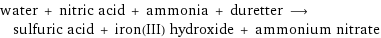 water + nitric acid + ammonia + duretter ⟶ sulfuric acid + iron(III) hydroxide + ammonium nitrate