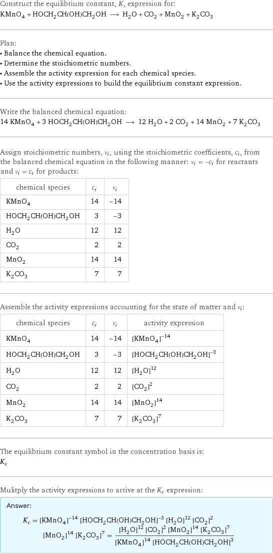 Construct the equilibrium constant, K, expression for: KMnO_4 + HOCH_2CH(OH)CH_2OH ⟶ H_2O + CO_2 + MnO_2 + K_2CO_3 Plan: • Balance the chemical equation. • Determine the stoichiometric numbers. • Assemble the activity expression for each chemical species. • Use the activity expressions to build the equilibrium constant expression. Write the balanced chemical equation: 14 KMnO_4 + 3 HOCH_2CH(OH)CH_2OH ⟶ 12 H_2O + 2 CO_2 + 14 MnO_2 + 7 K_2CO_3 Assign stoichiometric numbers, ν_i, using the stoichiometric coefficients, c_i, from the balanced chemical equation in the following manner: ν_i = -c_i for reactants and ν_i = c_i for products: chemical species | c_i | ν_i KMnO_4 | 14 | -14 HOCH_2CH(OH)CH_2OH | 3 | -3 H_2O | 12 | 12 CO_2 | 2 | 2 MnO_2 | 14 | 14 K_2CO_3 | 7 | 7 Assemble the activity expressions accounting for the state of matter and ν_i: chemical species | c_i | ν_i | activity expression KMnO_4 | 14 | -14 | ([KMnO4])^(-14) HOCH_2CH(OH)CH_2OH | 3 | -3 | ([HOCH2CH(OH)CH2OH])^(-3) H_2O | 12 | 12 | ([H2O])^12 CO_2 | 2 | 2 | ([CO2])^2 MnO_2 | 14 | 14 | ([MnO2])^14 K_2CO_3 | 7 | 7 | ([K2CO3])^7 The equilibrium constant symbol in the concentration basis is: K_c Mulitply the activity expressions to arrive at the K_c expression: Answer: |   | K_c = ([KMnO4])^(-14) ([HOCH2CH(OH)CH2OH])^(-3) ([H2O])^12 ([CO2])^2 ([MnO2])^14 ([K2CO3])^7 = (([H2O])^12 ([CO2])^2 ([MnO2])^14 ([K2CO3])^7)/(([KMnO4])^14 ([HOCH2CH(OH)CH2OH])^3)