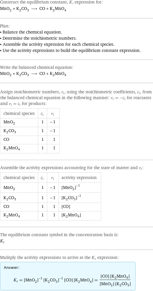 Construct the equilibrium constant, K, expression for: MnO_2 + K_2CO_3 ⟶ CO + K_2MnO_4 Plan: • Balance the chemical equation. • Determine the stoichiometric numbers. • Assemble the activity expression for each chemical species. • Use the activity expressions to build the equilibrium constant expression. Write the balanced chemical equation: MnO_2 + K_2CO_3 ⟶ CO + K_2MnO_4 Assign stoichiometric numbers, ν_i, using the stoichiometric coefficients, c_i, from the balanced chemical equation in the following manner: ν_i = -c_i for reactants and ν_i = c_i for products: chemical species | c_i | ν_i MnO_2 | 1 | -1 K_2CO_3 | 1 | -1 CO | 1 | 1 K_2MnO_4 | 1 | 1 Assemble the activity expressions accounting for the state of matter and ν_i: chemical species | c_i | ν_i | activity expression MnO_2 | 1 | -1 | ([MnO2])^(-1) K_2CO_3 | 1 | -1 | ([K2CO3])^(-1) CO | 1 | 1 | [CO] K_2MnO_4 | 1 | 1 | [K2MnO4] The equilibrium constant symbol in the concentration basis is: K_c Mulitply the activity expressions to arrive at the K_c expression: Answer: |   | K_c = ([MnO2])^(-1) ([K2CO3])^(-1) [CO] [K2MnO4] = ([CO] [K2MnO4])/([MnO2] [K2CO3])