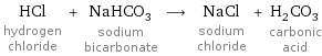 HCl hydrogen chloride + NaHCO_3 sodium bicarbonate ⟶ NaCl sodium chloride + H_2CO_3 carbonic acid