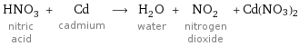 HNO_3 nitric acid + Cd cadmium ⟶ H_2O water + NO_2 nitrogen dioxide + Cd(NO3)2