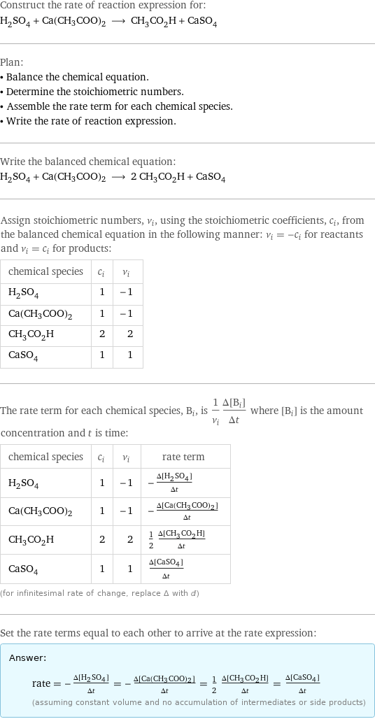 Construct the rate of reaction expression for: H_2SO_4 + Ca(CH3COO)2 ⟶ CH_3CO_2H + CaSO_4 Plan: • Balance the chemical equation. • Determine the stoichiometric numbers. • Assemble the rate term for each chemical species. • Write the rate of reaction expression. Write the balanced chemical equation: H_2SO_4 + Ca(CH3COO)2 ⟶ 2 CH_3CO_2H + CaSO_4 Assign stoichiometric numbers, ν_i, using the stoichiometric coefficients, c_i, from the balanced chemical equation in the following manner: ν_i = -c_i for reactants and ν_i = c_i for products: chemical species | c_i | ν_i H_2SO_4 | 1 | -1 Ca(CH3COO)2 | 1 | -1 CH_3CO_2H | 2 | 2 CaSO_4 | 1 | 1 The rate term for each chemical species, B_i, is 1/ν_i(Δ[B_i])/(Δt) where [B_i] is the amount concentration and t is time: chemical species | c_i | ν_i | rate term H_2SO_4 | 1 | -1 | -(Δ[H2SO4])/(Δt) Ca(CH3COO)2 | 1 | -1 | -(Δ[Ca(CH3COO)2])/(Δt) CH_3CO_2H | 2 | 2 | 1/2 (Δ[CH3CO2H])/(Δt) CaSO_4 | 1 | 1 | (Δ[CaSO4])/(Δt) (for infinitesimal rate of change, replace Δ with d) Set the rate terms equal to each other to arrive at the rate expression: Answer: |   | rate = -(Δ[H2SO4])/(Δt) = -(Δ[Ca(CH3COO)2])/(Δt) = 1/2 (Δ[CH3CO2H])/(Δt) = (Δ[CaSO4])/(Δt) (assuming constant volume and no accumulation of intermediates or side products)