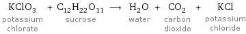 KClO_3 potassium chlorate + C_12H_22O_11 sucrose ⟶ H_2O water + CO_2 carbon dioxide + KCl potassium chloride