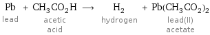 Pb lead + CH_3CO_2H acetic acid ⟶ H_2 hydrogen + Pb(CH_3CO_2)_2 lead(II) acetate