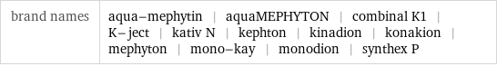 brand names | aqua-mephytin | aquaMEPHYTON | combinal K1 | K-ject | kativ N | kephton | kinadion | konakion | mephyton | mono-kay | monodion | synthex P