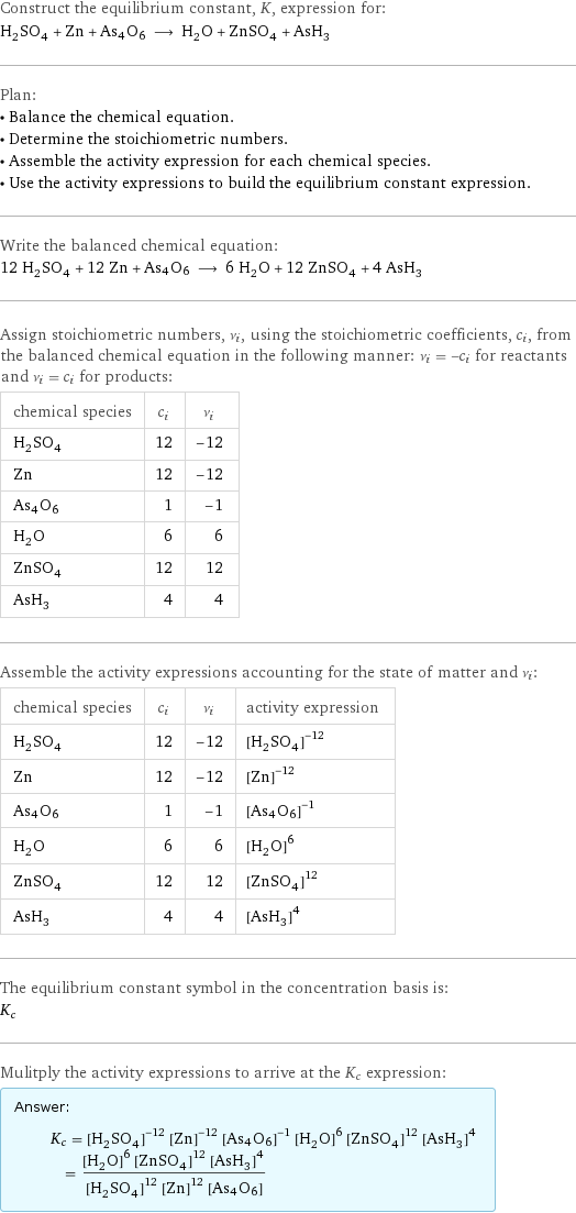 Construct the equilibrium constant, K, expression for: H_2SO_4 + Zn + As4O6 ⟶ H_2O + ZnSO_4 + AsH_3 Plan: • Balance the chemical equation. • Determine the stoichiometric numbers. • Assemble the activity expression for each chemical species. • Use the activity expressions to build the equilibrium constant expression. Write the balanced chemical equation: 12 H_2SO_4 + 12 Zn + As4O6 ⟶ 6 H_2O + 12 ZnSO_4 + 4 AsH_3 Assign stoichiometric numbers, ν_i, using the stoichiometric coefficients, c_i, from the balanced chemical equation in the following manner: ν_i = -c_i for reactants and ν_i = c_i for products: chemical species | c_i | ν_i H_2SO_4 | 12 | -12 Zn | 12 | -12 As4O6 | 1 | -1 H_2O | 6 | 6 ZnSO_4 | 12 | 12 AsH_3 | 4 | 4 Assemble the activity expressions accounting for the state of matter and ν_i: chemical species | c_i | ν_i | activity expression H_2SO_4 | 12 | -12 | ([H2SO4])^(-12) Zn | 12 | -12 | ([Zn])^(-12) As4O6 | 1 | -1 | ([As4O6])^(-1) H_2O | 6 | 6 | ([H2O])^6 ZnSO_4 | 12 | 12 | ([ZnSO4])^12 AsH_3 | 4 | 4 | ([AsH3])^4 The equilibrium constant symbol in the concentration basis is: K_c Mulitply the activity expressions to arrive at the K_c expression: Answer: |   | K_c = ([H2SO4])^(-12) ([Zn])^(-12) ([As4O6])^(-1) ([H2O])^6 ([ZnSO4])^12 ([AsH3])^4 = (([H2O])^6 ([ZnSO4])^12 ([AsH3])^4)/(([H2SO4])^12 ([Zn])^12 [As4O6])