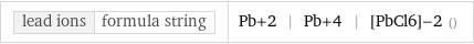 lead ions | formula string | Pb+2 | Pb+4 | [PbCl6]-2 ()