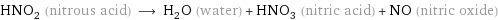 HNO_2 (nitrous acid) ⟶ H_2O (water) + HNO_3 (nitric acid) + NO (nitric oxide)