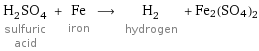 H_2SO_4 sulfuric acid + Fe iron ⟶ H_2 hydrogen + Fe2(SO4)2