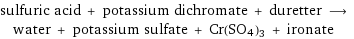 sulfuric acid + potassium dichromate + duretter ⟶ water + potassium sulfate + Cr(SO4)3 + ironate