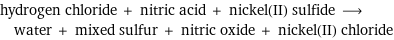 hydrogen chloride + nitric acid + nickel(II) sulfide ⟶ water + mixed sulfur + nitric oxide + nickel(II) chloride