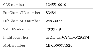 CAS number | 13455-00-0 PubChem CID number | 83484 PubChem SID number | 24853077 SMILES identifier | P(P(I)I)(I)I InChI identifier | InChI=1/I4P2/c1-5(2)6(3)4 MDL number | MFCD00011526