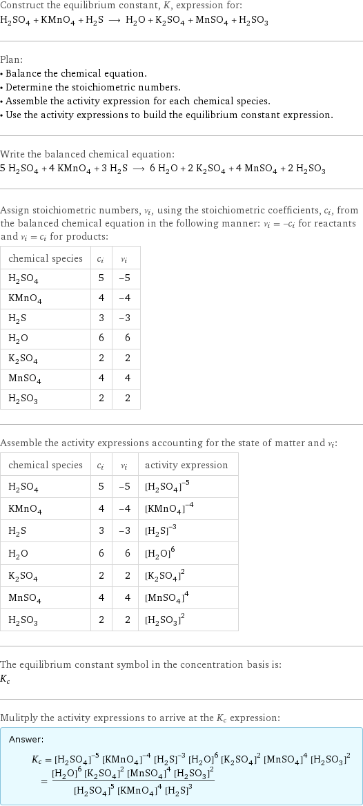 Construct the equilibrium constant, K, expression for: H_2SO_4 + KMnO_4 + H_2S ⟶ H_2O + K_2SO_4 + MnSO_4 + H_2SO_3 Plan: • Balance the chemical equation. • Determine the stoichiometric numbers. • Assemble the activity expression for each chemical species. • Use the activity expressions to build the equilibrium constant expression. Write the balanced chemical equation: 5 H_2SO_4 + 4 KMnO_4 + 3 H_2S ⟶ 6 H_2O + 2 K_2SO_4 + 4 MnSO_4 + 2 H_2SO_3 Assign stoichiometric numbers, ν_i, using the stoichiometric coefficients, c_i, from the balanced chemical equation in the following manner: ν_i = -c_i for reactants and ν_i = c_i for products: chemical species | c_i | ν_i H_2SO_4 | 5 | -5 KMnO_4 | 4 | -4 H_2S | 3 | -3 H_2O | 6 | 6 K_2SO_4 | 2 | 2 MnSO_4 | 4 | 4 H_2SO_3 | 2 | 2 Assemble the activity expressions accounting for the state of matter and ν_i: chemical species | c_i | ν_i | activity expression H_2SO_4 | 5 | -5 | ([H2SO4])^(-5) KMnO_4 | 4 | -4 | ([KMnO4])^(-4) H_2S | 3 | -3 | ([H2S])^(-3) H_2O | 6 | 6 | ([H2O])^6 K_2SO_4 | 2 | 2 | ([K2SO4])^2 MnSO_4 | 4 | 4 | ([MnSO4])^4 H_2SO_3 | 2 | 2 | ([H2SO3])^2 The equilibrium constant symbol in the concentration basis is: K_c Mulitply the activity expressions to arrive at the K_c expression: Answer: |   | K_c = ([H2SO4])^(-5) ([KMnO4])^(-4) ([H2S])^(-3) ([H2O])^6 ([K2SO4])^2 ([MnSO4])^4 ([H2SO3])^2 = (([H2O])^6 ([K2SO4])^2 ([MnSO4])^4 ([H2SO3])^2)/(([H2SO4])^5 ([KMnO4])^4 ([H2S])^3)