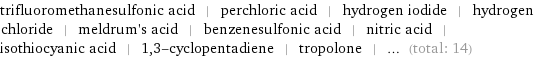 trifluoromethanesulfonic acid | perchloric acid | hydrogen iodide | hydrogen chloride | meldrum's acid | benzenesulfonic acid | nitric acid | isothiocyanic acid | 1, 3-cyclopentadiene | tropolone | ... (total: 14)