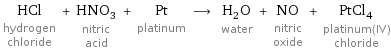 HCl hydrogen chloride + HNO_3 nitric acid + Pt platinum ⟶ H_2O water + NO nitric oxide + PtCl_4 platinum(IV) chloride