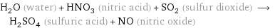 H_2O (water) + HNO_3 (nitric acid) + SO_2 (sulfur dioxide) ⟶ H_2SO_4 (sulfuric acid) + NO (nitric oxide)