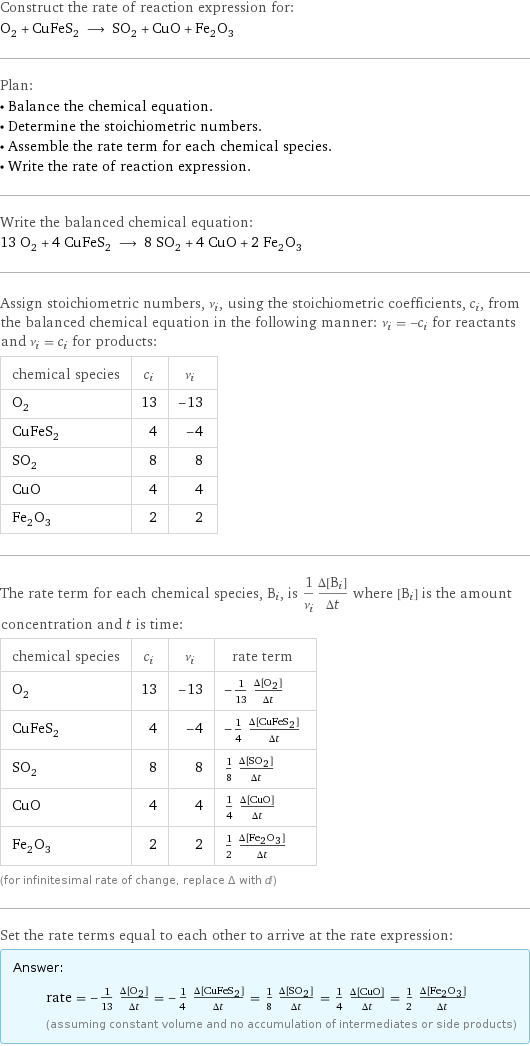 Construct the rate of reaction expression for: O_2 + CuFeS_2 ⟶ SO_2 + CuO + Fe_2O_3 Plan: • Balance the chemical equation. • Determine the stoichiometric numbers. • Assemble the rate term for each chemical species. • Write the rate of reaction expression. Write the balanced chemical equation: 13 O_2 + 4 CuFeS_2 ⟶ 8 SO_2 + 4 CuO + 2 Fe_2O_3 Assign stoichiometric numbers, ν_i, using the stoichiometric coefficients, c_i, from the balanced chemical equation in the following manner: ν_i = -c_i for reactants and ν_i = c_i for products: chemical species | c_i | ν_i O_2 | 13 | -13 CuFeS_2 | 4 | -4 SO_2 | 8 | 8 CuO | 4 | 4 Fe_2O_3 | 2 | 2 The rate term for each chemical species, B_i, is 1/ν_i(Δ[B_i])/(Δt) where [B_i] is the amount concentration and t is time: chemical species | c_i | ν_i | rate term O_2 | 13 | -13 | -1/13 (Δ[O2])/(Δt) CuFeS_2 | 4 | -4 | -1/4 (Δ[CuFeS2])/(Δt) SO_2 | 8 | 8 | 1/8 (Δ[SO2])/(Δt) CuO | 4 | 4 | 1/4 (Δ[CuO])/(Δt) Fe_2O_3 | 2 | 2 | 1/2 (Δ[Fe2O3])/(Δt) (for infinitesimal rate of change, replace Δ with d) Set the rate terms equal to each other to arrive at the rate expression: Answer: |   | rate = -1/13 (Δ[O2])/(Δt) = -1/4 (Δ[CuFeS2])/(Δt) = 1/8 (Δ[SO2])/(Δt) = 1/4 (Δ[CuO])/(Δt) = 1/2 (Δ[Fe2O3])/(Δt) (assuming constant volume and no accumulation of intermediates or side products)