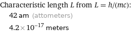 Characteristic length L from L = h/(mc):  | 42 am (attometers)  | 4.2×10^-17 meters