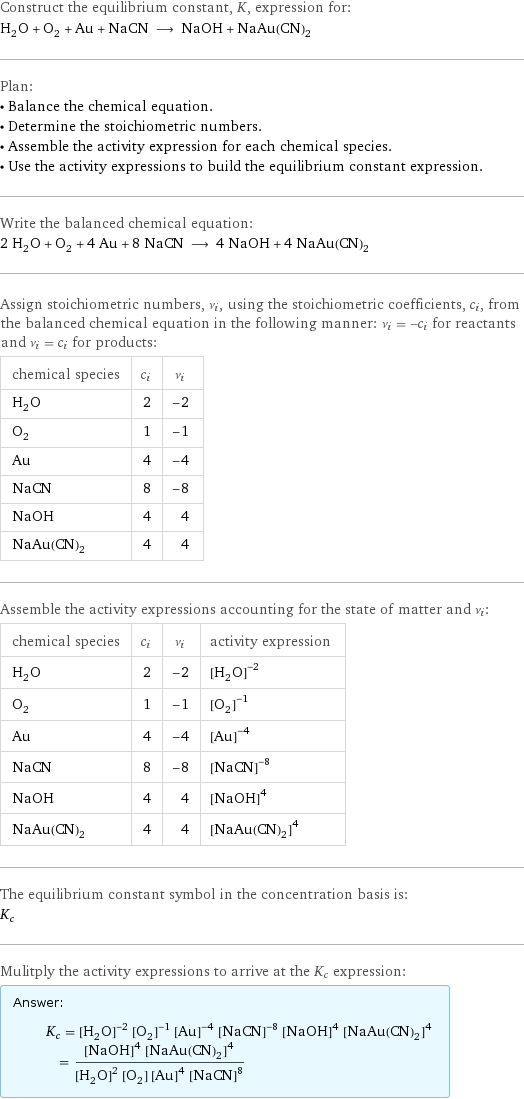 Construct the equilibrium constant, K, expression for: H_2O + O_2 + Au + NaCN ⟶ NaOH + NaAu(CN)_2 Plan: • Balance the chemical equation. • Determine the stoichiometric numbers. • Assemble the activity expression for each chemical species. • Use the activity expressions to build the equilibrium constant expression. Write the balanced chemical equation: 2 H_2O + O_2 + 4 Au + 8 NaCN ⟶ 4 NaOH + 4 NaAu(CN)_2 Assign stoichiometric numbers, ν_i, using the stoichiometric coefficients, c_i, from the balanced chemical equation in the following manner: ν_i = -c_i for reactants and ν_i = c_i for products: chemical species | c_i | ν_i H_2O | 2 | -2 O_2 | 1 | -1 Au | 4 | -4 NaCN | 8 | -8 NaOH | 4 | 4 NaAu(CN)_2 | 4 | 4 Assemble the activity expressions accounting for the state of matter and ν_i: chemical species | c_i | ν_i | activity expression H_2O | 2 | -2 | ([H2O])^(-2) O_2 | 1 | -1 | ([O2])^(-1) Au | 4 | -4 | ([Au])^(-4) NaCN | 8 | -8 | ([NaCN])^(-8) NaOH | 4 | 4 | ([NaOH])^4 NaAu(CN)_2 | 4 | 4 | ([NaAu(CN)2])^4 The equilibrium constant symbol in the concentration basis is: K_c Mulitply the activity expressions to arrive at the K_c expression: Answer: |   | K_c = ([H2O])^(-2) ([O2])^(-1) ([Au])^(-4) ([NaCN])^(-8) ([NaOH])^4 ([NaAu(CN)2])^4 = (([NaOH])^4 ([NaAu(CN)2])^4)/(([H2O])^2 [O2] ([Au])^4 ([NaCN])^8)