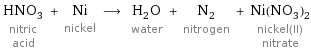 HNO_3 nitric acid + Ni nickel ⟶ H_2O water + N_2 nitrogen + Ni(NO_3)_2 nickel(II) nitrate