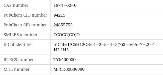 CAS number | 1874-62-0 PubChem CID number | 94215 PubChem SID number | 24855753 SMILES identifier | CCOCC(CO)O InChI identifier | InChI=1/C5H12O3/c1-2-8-4-5(7)3-6/h5-7H, 2-4H2, 1H3 RTECS number | TY6400000 MDL number | MFCD00009989