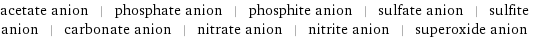 acetate anion | phosphate anion | phosphite anion | sulfate anion | sulfite anion | carbonate anion | nitrate anion | nitrite anion | superoxide anion