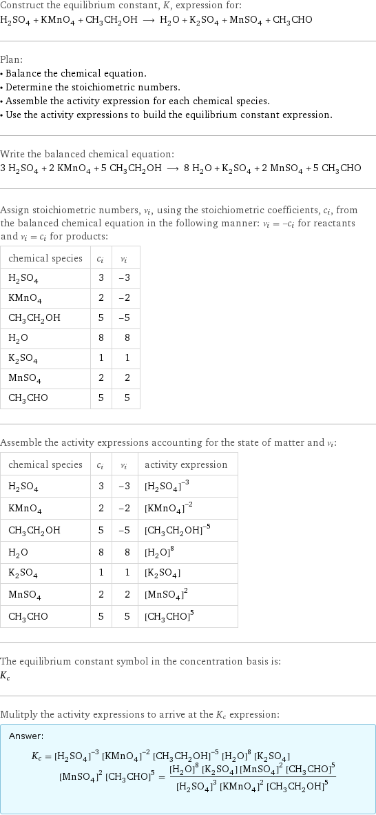 Construct the equilibrium constant, K, expression for: H_2SO_4 + KMnO_4 + CH_3CH_2OH ⟶ H_2O + K_2SO_4 + MnSO_4 + CH_3CHO Plan: • Balance the chemical equation. • Determine the stoichiometric numbers. • Assemble the activity expression for each chemical species. • Use the activity expressions to build the equilibrium constant expression. Write the balanced chemical equation: 3 H_2SO_4 + 2 KMnO_4 + 5 CH_3CH_2OH ⟶ 8 H_2O + K_2SO_4 + 2 MnSO_4 + 5 CH_3CHO Assign stoichiometric numbers, ν_i, using the stoichiometric coefficients, c_i, from the balanced chemical equation in the following manner: ν_i = -c_i for reactants and ν_i = c_i for products: chemical species | c_i | ν_i H_2SO_4 | 3 | -3 KMnO_4 | 2 | -2 CH_3CH_2OH | 5 | -5 H_2O | 8 | 8 K_2SO_4 | 1 | 1 MnSO_4 | 2 | 2 CH_3CHO | 5 | 5 Assemble the activity expressions accounting for the state of matter and ν_i: chemical species | c_i | ν_i | activity expression H_2SO_4 | 3 | -3 | ([H2SO4])^(-3) KMnO_4 | 2 | -2 | ([KMnO4])^(-2) CH_3CH_2OH | 5 | -5 | ([CH3CH2OH])^(-5) H_2O | 8 | 8 | ([H2O])^8 K_2SO_4 | 1 | 1 | [K2SO4] MnSO_4 | 2 | 2 | ([MnSO4])^2 CH_3CHO | 5 | 5 | ([CH3CHO])^5 The equilibrium constant symbol in the concentration basis is: K_c Mulitply the activity expressions to arrive at the K_c expression: Answer: |   | K_c = ([H2SO4])^(-3) ([KMnO4])^(-2) ([CH3CH2OH])^(-5) ([H2O])^8 [K2SO4] ([MnSO4])^2 ([CH3CHO])^5 = (([H2O])^8 [K2SO4] ([MnSO4])^2 ([CH3CHO])^5)/(([H2SO4])^3 ([KMnO4])^2 ([CH3CH2OH])^5)