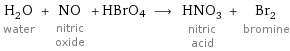 H_2O water + NO nitric oxide + HBrO4 ⟶ HNO_3 nitric acid + Br_2 bromine