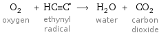 O_2 oxygen + (HC congruent C)^• ethynyl radical ⟶ H_2O water + CO_2 carbon dioxide