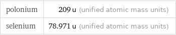 polonium | 209 u (unified atomic mass units) selenium | 78.971 u (unified atomic mass units)
