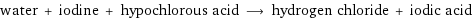 water + iodine + hypochlorous acid ⟶ hydrogen chloride + iodic acid