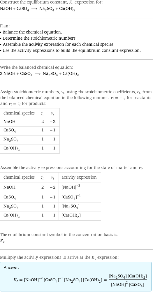 Construct the equilibrium constant, K, expression for: NaOH + CaSO_4 ⟶ Na_2SO_4 + Ca(OH)_2 Plan: • Balance the chemical equation. • Determine the stoichiometric numbers. • Assemble the activity expression for each chemical species. • Use the activity expressions to build the equilibrium constant expression. Write the balanced chemical equation: 2 NaOH + CaSO_4 ⟶ Na_2SO_4 + Ca(OH)_2 Assign stoichiometric numbers, ν_i, using the stoichiometric coefficients, c_i, from the balanced chemical equation in the following manner: ν_i = -c_i for reactants and ν_i = c_i for products: chemical species | c_i | ν_i NaOH | 2 | -2 CaSO_4 | 1 | -1 Na_2SO_4 | 1 | 1 Ca(OH)_2 | 1 | 1 Assemble the activity expressions accounting for the state of matter and ν_i: chemical species | c_i | ν_i | activity expression NaOH | 2 | -2 | ([NaOH])^(-2) CaSO_4 | 1 | -1 | ([CaSO4])^(-1) Na_2SO_4 | 1 | 1 | [Na2SO4] Ca(OH)_2 | 1 | 1 | [Ca(OH)2] The equilibrium constant symbol in the concentration basis is: K_c Mulitply the activity expressions to arrive at the K_c expression: Answer: |   | K_c = ([NaOH])^(-2) ([CaSO4])^(-1) [Na2SO4] [Ca(OH)2] = ([Na2SO4] [Ca(OH)2])/(([NaOH])^2 [CaSO4])