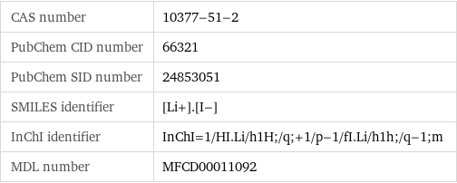 CAS number | 10377-51-2 PubChem CID number | 66321 PubChem SID number | 24853051 SMILES identifier | [Li+].[I-] InChI identifier | InChI=1/HI.Li/h1H;/q;+1/p-1/fI.Li/h1h;/q-1;m MDL number | MFCD00011092