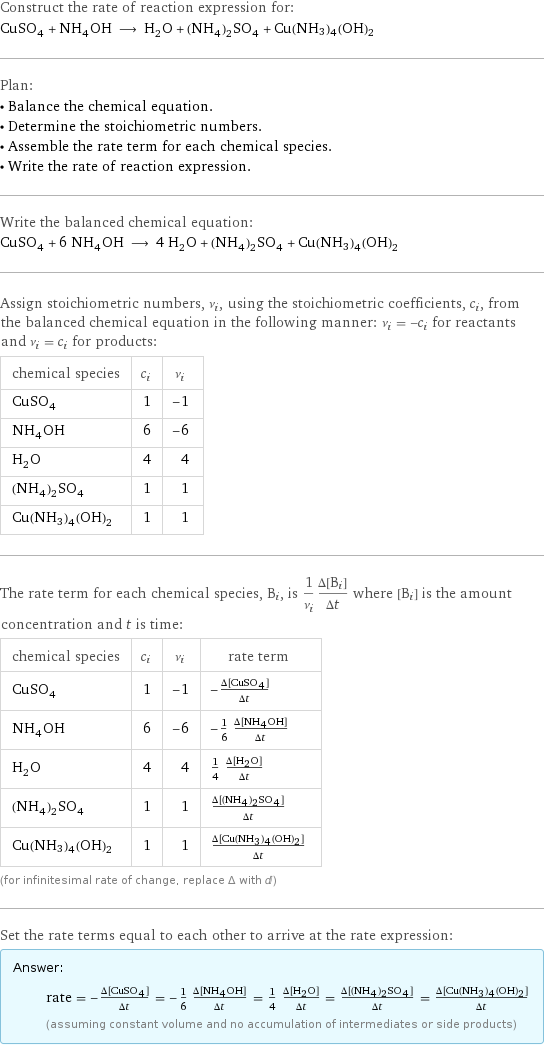 Construct the rate of reaction expression for: CuSO_4 + NH_4OH ⟶ H_2O + (NH_4)_2SO_4 + Cu(NH3)4(OH)2 Plan: • Balance the chemical equation. • Determine the stoichiometric numbers. • Assemble the rate term for each chemical species. • Write the rate of reaction expression. Write the balanced chemical equation: CuSO_4 + 6 NH_4OH ⟶ 4 H_2O + (NH_4)_2SO_4 + Cu(NH3)4(OH)2 Assign stoichiometric numbers, ν_i, using the stoichiometric coefficients, c_i, from the balanced chemical equation in the following manner: ν_i = -c_i for reactants and ν_i = c_i for products: chemical species | c_i | ν_i CuSO_4 | 1 | -1 NH_4OH | 6 | -6 H_2O | 4 | 4 (NH_4)_2SO_4 | 1 | 1 Cu(NH3)4(OH)2 | 1 | 1 The rate term for each chemical species, B_i, is 1/ν_i(Δ[B_i])/(Δt) where [B_i] is the amount concentration and t is time: chemical species | c_i | ν_i | rate term CuSO_4 | 1 | -1 | -(Δ[CuSO4])/(Δt) NH_4OH | 6 | -6 | -1/6 (Δ[NH4OH])/(Δt) H_2O | 4 | 4 | 1/4 (Δ[H2O])/(Δt) (NH_4)_2SO_4 | 1 | 1 | (Δ[(NH4)2SO4])/(Δt) Cu(NH3)4(OH)2 | 1 | 1 | (Δ[Cu(NH3)4(OH)2])/(Δt) (for infinitesimal rate of change, replace Δ with d) Set the rate terms equal to each other to arrive at the rate expression: Answer: |   | rate = -(Δ[CuSO4])/(Δt) = -1/6 (Δ[NH4OH])/(Δt) = 1/4 (Δ[H2O])/(Δt) = (Δ[(NH4)2SO4])/(Δt) = (Δ[Cu(NH3)4(OH)2])/(Δt) (assuming constant volume and no accumulation of intermediates or side products)