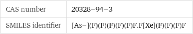 CAS number | 20328-94-3 SMILES identifier | [As-](F)(F)(F)(F)(F)F.F[Xe](F)(F)(F)F