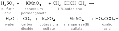 H_2SO_4 sulfuric acid + KMnO_4 potassium permanganate + CH_2=CHCH=CH_2 1, 3-butadiene ⟶ H_2O water + CO_2 carbon dioxide + K_2SO_4 potassium sulfate + MnSO_4 manganese(II) sulfate + HO_2CCO_2H oxalic acid