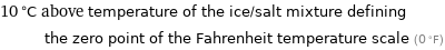 10 °C above temperature of the ice/salt mixture defining the zero point of the Fahrenheit temperature scale (0 °F)