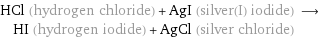 HCl (hydrogen chloride) + AgI (silver(I) iodide) ⟶ HI (hydrogen iodide) + AgCl (silver chloride)