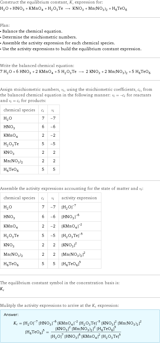 Construct the equilibrium constant, K, expression for: H_2O + HNO_3 + KMnO_4 + H_2O_3Te ⟶ KNO_3 + Mn(NO_3)_2 + H_6TeO_6 Plan: • Balance the chemical equation. • Determine the stoichiometric numbers. • Assemble the activity expression for each chemical species. • Use the activity expressions to build the equilibrium constant expression. Write the balanced chemical equation: 7 H_2O + 6 HNO_3 + 2 KMnO_4 + 5 H_2O_3Te ⟶ 2 KNO_3 + 2 Mn(NO_3)_2 + 5 H_6TeO_6 Assign stoichiometric numbers, ν_i, using the stoichiometric coefficients, c_i, from the balanced chemical equation in the following manner: ν_i = -c_i for reactants and ν_i = c_i for products: chemical species | c_i | ν_i H_2O | 7 | -7 HNO_3 | 6 | -6 KMnO_4 | 2 | -2 H_2O_3Te | 5 | -5 KNO_3 | 2 | 2 Mn(NO_3)_2 | 2 | 2 H_6TeO_6 | 5 | 5 Assemble the activity expressions accounting for the state of matter and ν_i: chemical species | c_i | ν_i | activity expression H_2O | 7 | -7 | ([H2O])^(-7) HNO_3 | 6 | -6 | ([HNO3])^(-6) KMnO_4 | 2 | -2 | ([KMnO4])^(-2) H_2O_3Te | 5 | -5 | ([H2O3Te])^(-5) KNO_3 | 2 | 2 | ([KNO3])^2 Mn(NO_3)_2 | 2 | 2 | ([Mn(NO3)2])^2 H_6TeO_6 | 5 | 5 | ([H6TeO6])^5 The equilibrium constant symbol in the concentration basis is: K_c Mulitply the activity expressions to arrive at the K_c expression: Answer: |   | K_c = ([H2O])^(-7) ([HNO3])^(-6) ([KMnO4])^(-2) ([H2O3Te])^(-5) ([KNO3])^2 ([Mn(NO3)2])^2 ([H6TeO6])^5 = (([KNO3])^2 ([Mn(NO3)2])^2 ([H6TeO6])^5)/(([H2O])^7 ([HNO3])^6 ([KMnO4])^2 ([H2O3Te])^5)