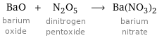 BaO barium oxide + N_2O_5 dinitrogen pentoxide ⟶ Ba(NO_3)_2 barium nitrate